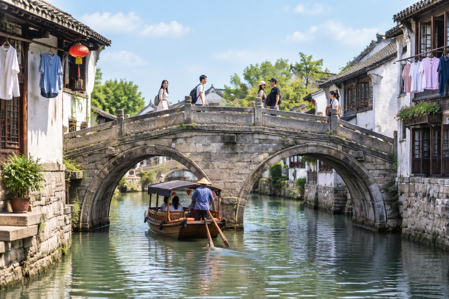 The famous Double Bridge in Zhouzhuang water town with traditional houses and daily life activities