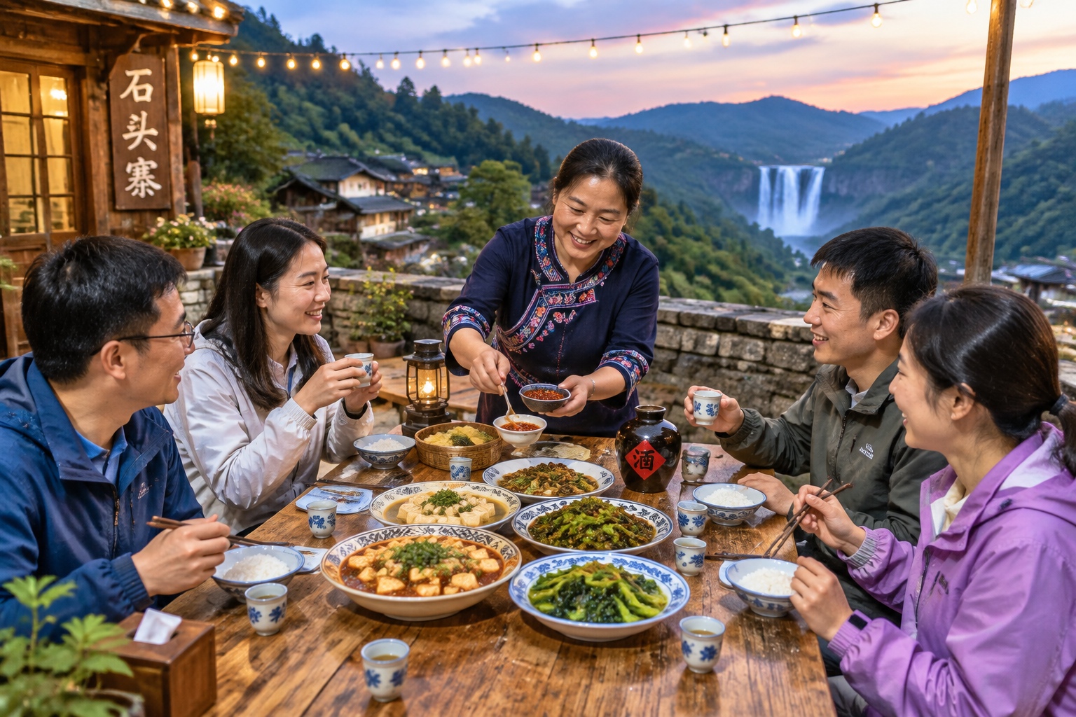 Long-table dinner at a rural homestay near Huangguoshu Waterfall in Guizhou