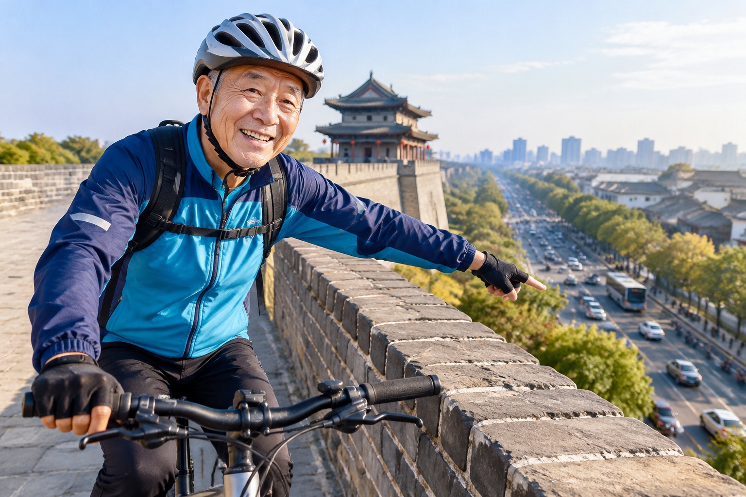 An elderly local cyclist on top of the ancient Ming Dynasty City Wall in Nanjing overlooking the modern city below at sunrise