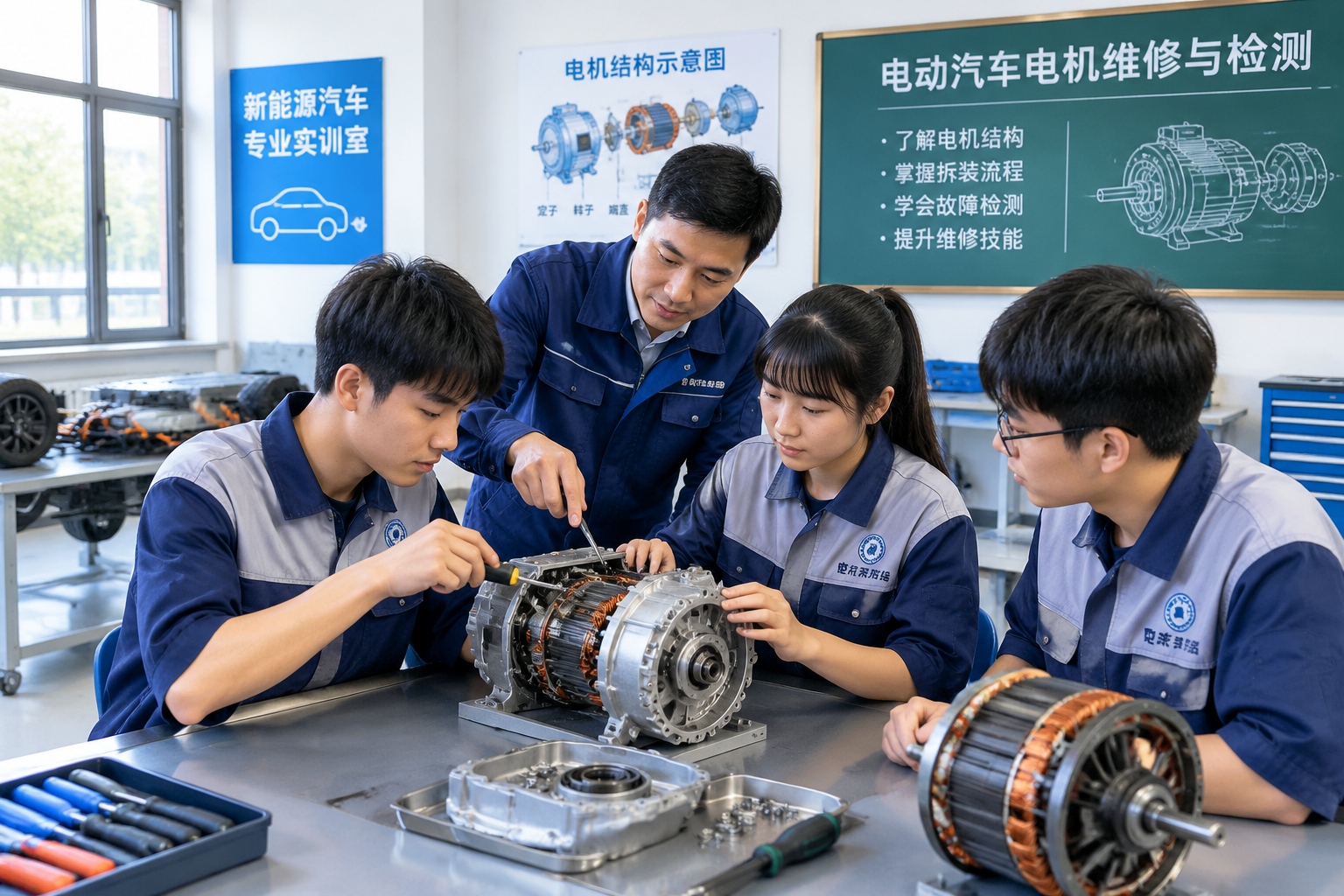 Students in a Chinese vocational school learning electric vehicle repair skills