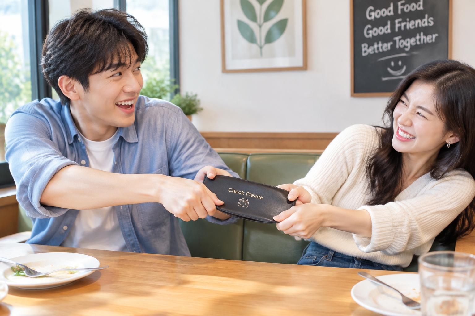 Two friends jokingly fighting over who will pay the restaurant bill in China