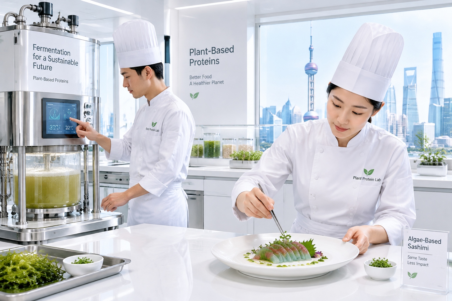 Chefs preparing innovative plant-based protein dishes in a high-tech kitchen in Shanghai