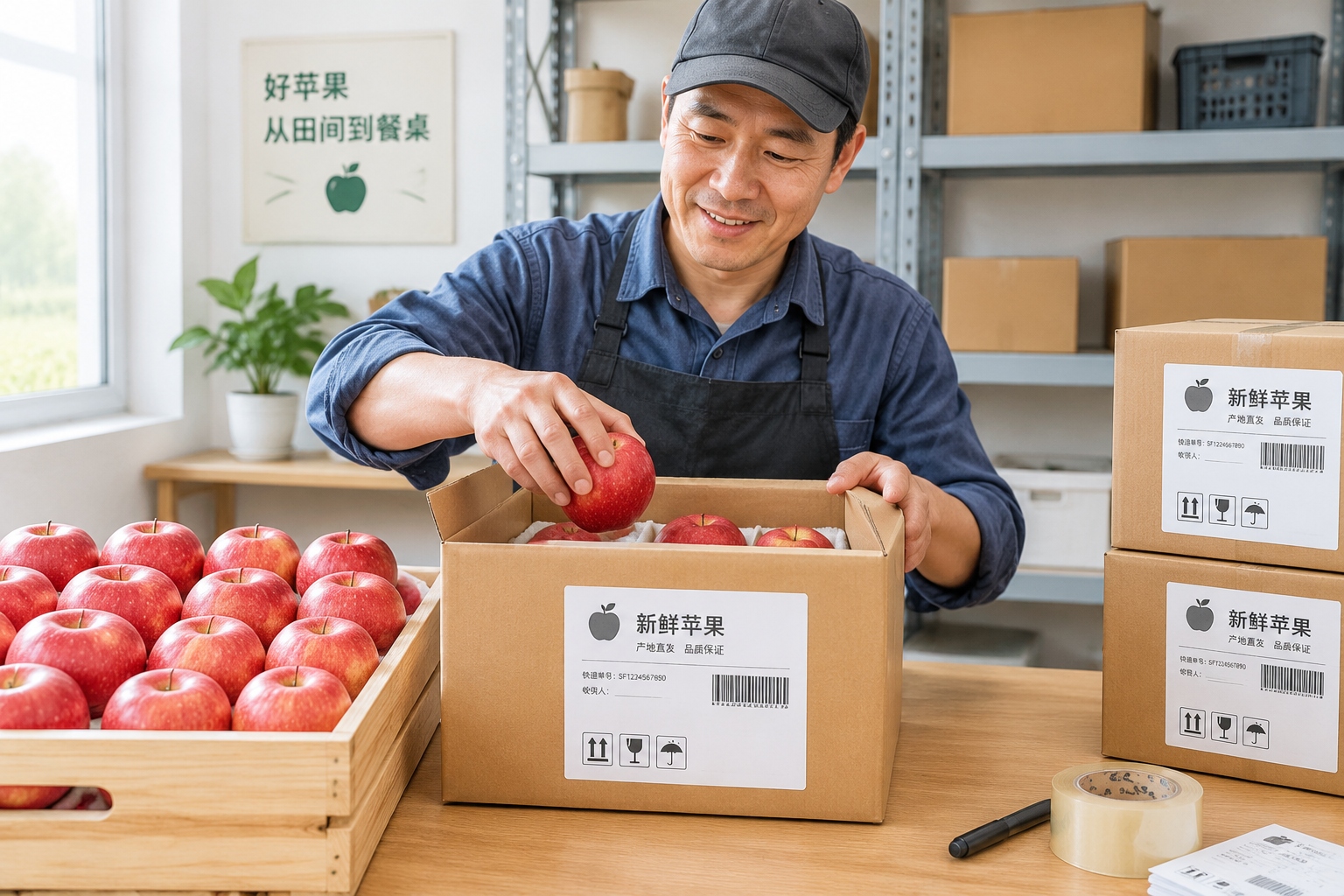 A farmer packing fresh apples for e-commerce delivery, bypassing traditional middlemen.