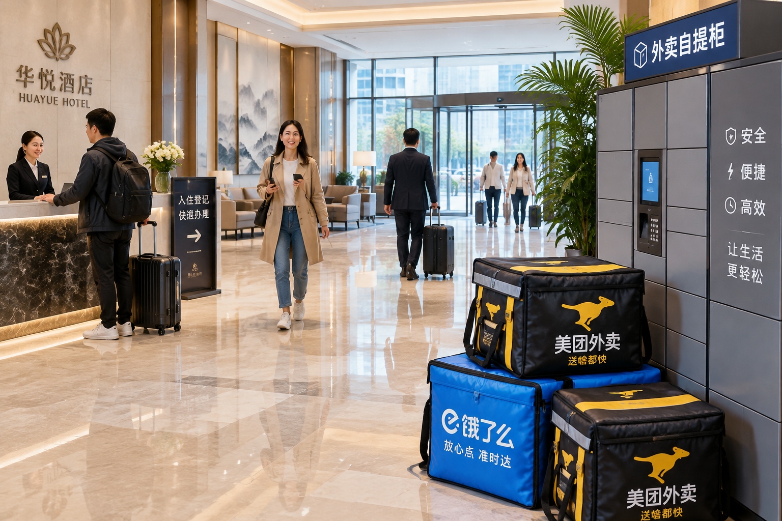 Busy hotel lobby showing the integration of delivery services into daily life