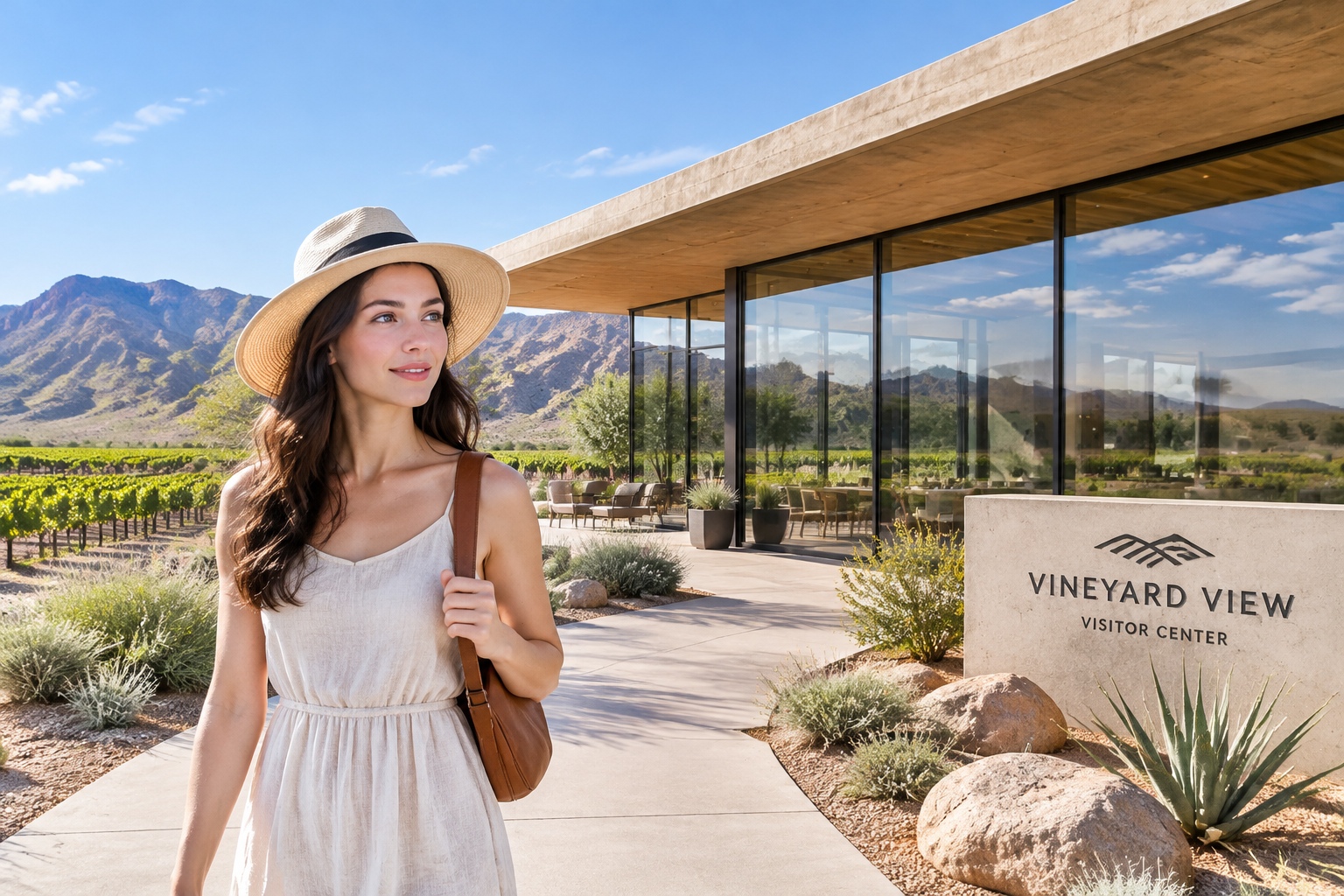 A modern wine tourism center in Ningxia, China, featuring modern architecture that blends with the desert landscape.