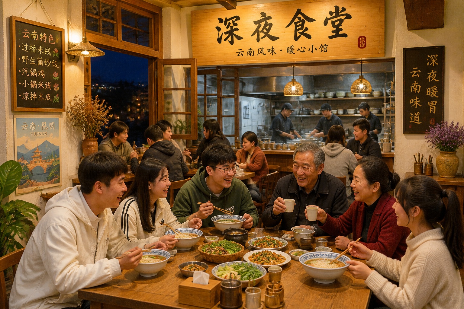Diverse locals enjoying a meal together in a warm, modernized Chinese restaurant interior