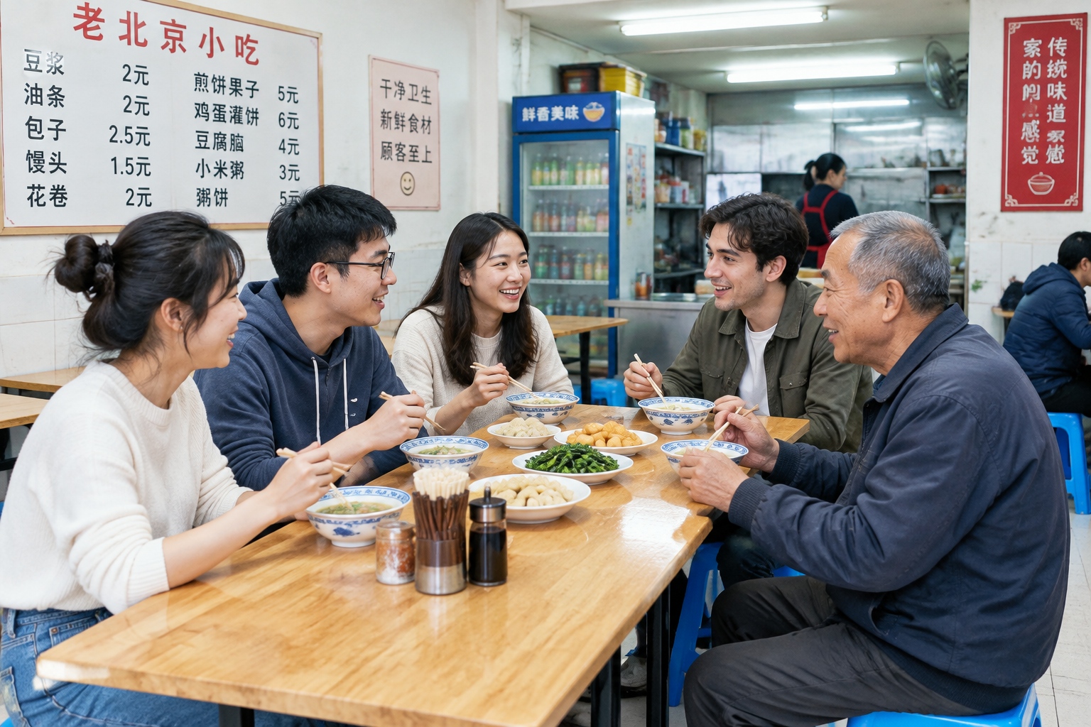 Young professionals and locals sharing a meal at a traditional community snack shop
