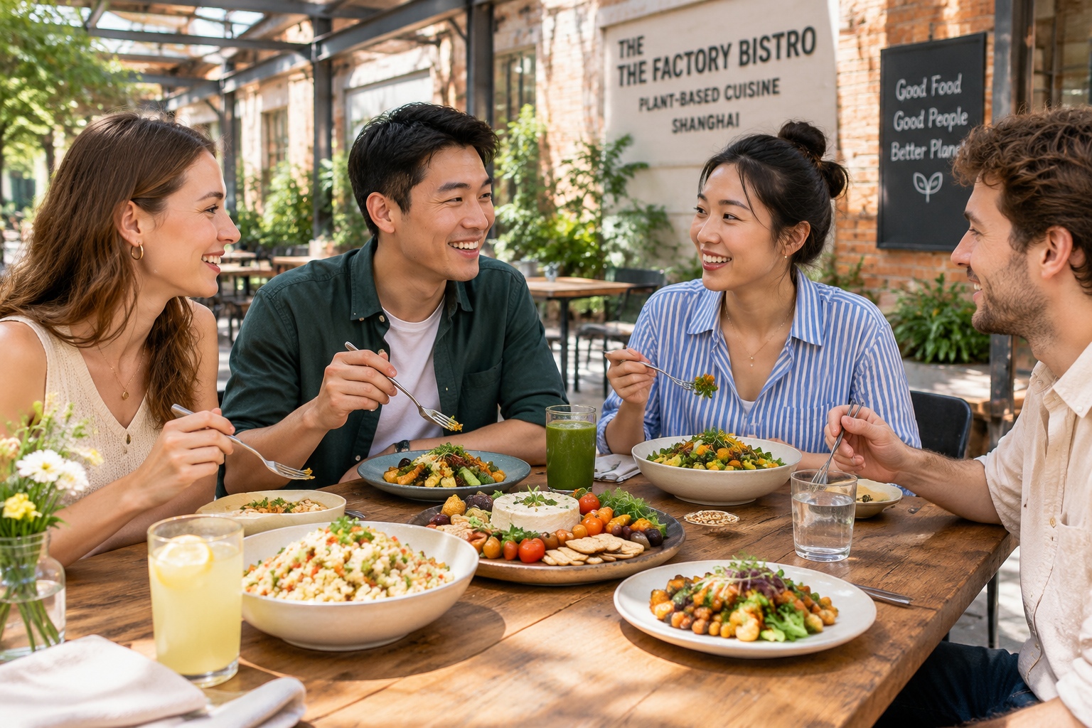 Group of friends enjoying a communal vegan brunch at a converted factory restaurant in Shanghai