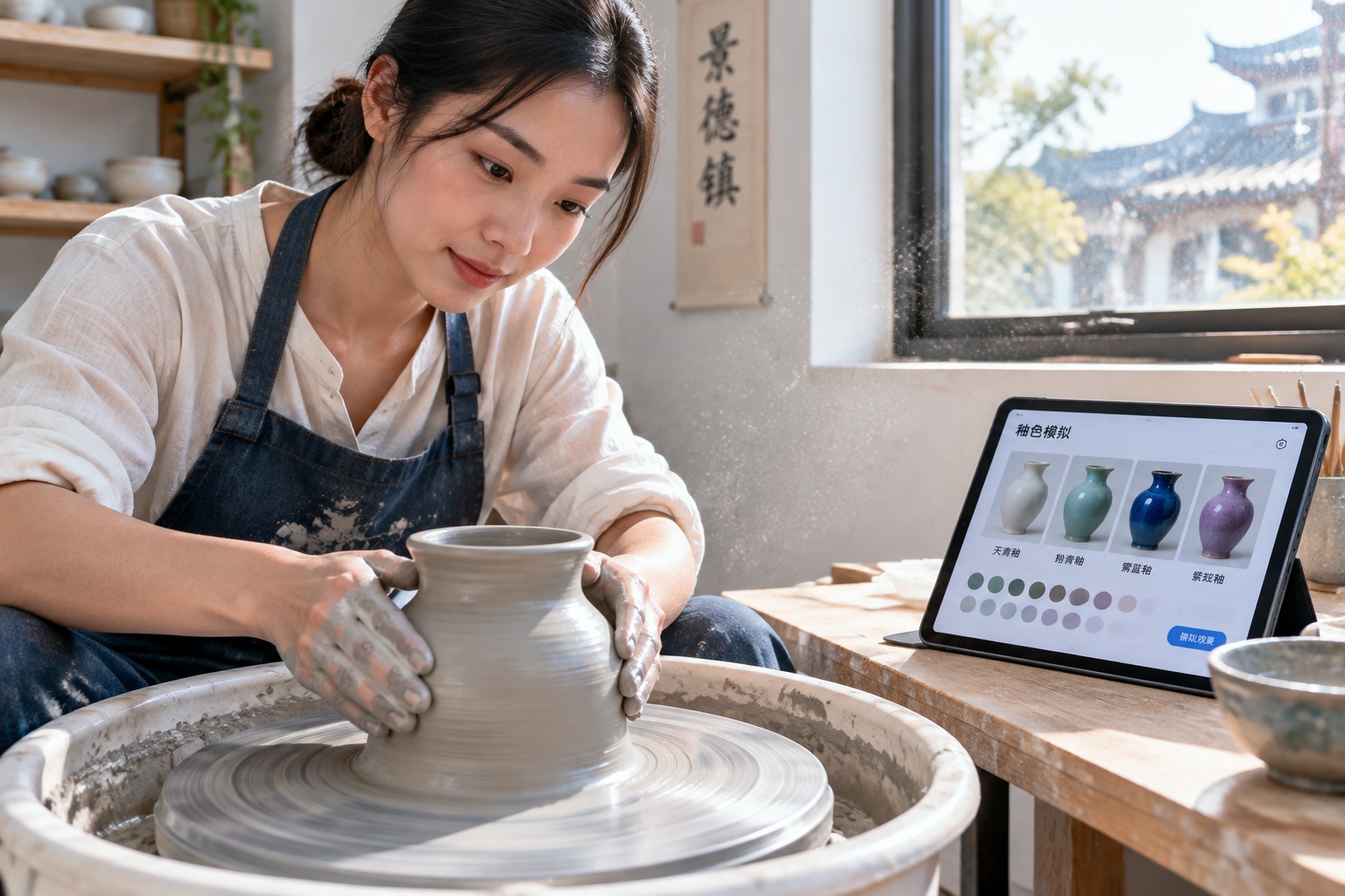 A modern pottery workshop scene showing a clay wheel spinning next to a digital tablet displaying glaze design simulations during early morning hours.