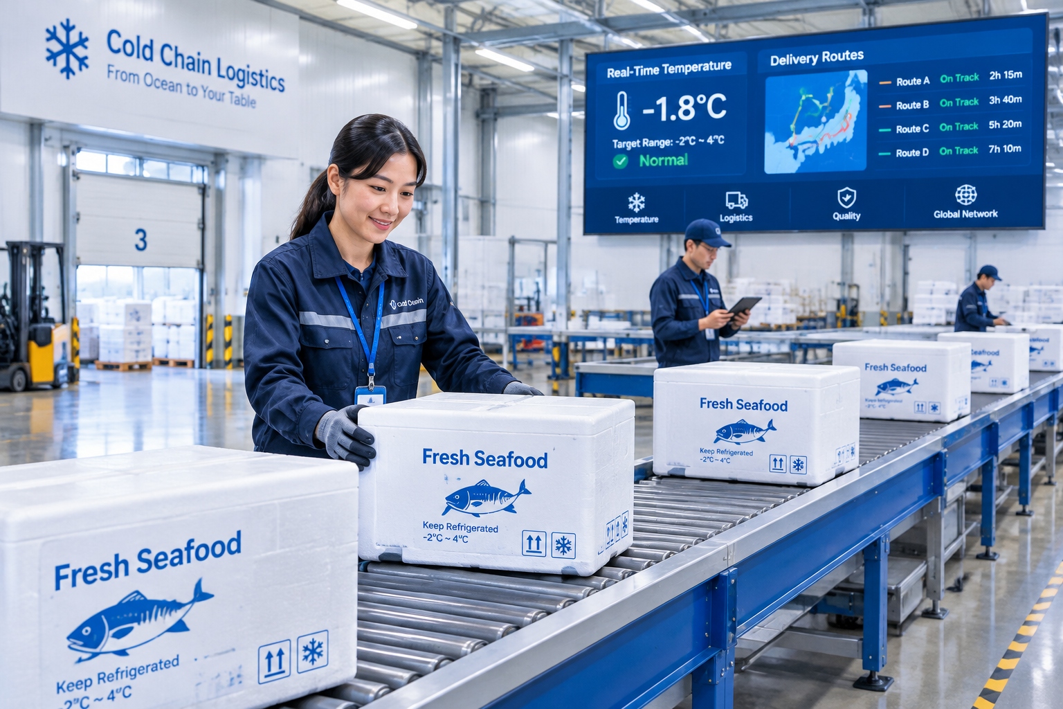 Inside a high-tech cold chain logistics sorting center in China with automated conveyor belts and digital tracking screens