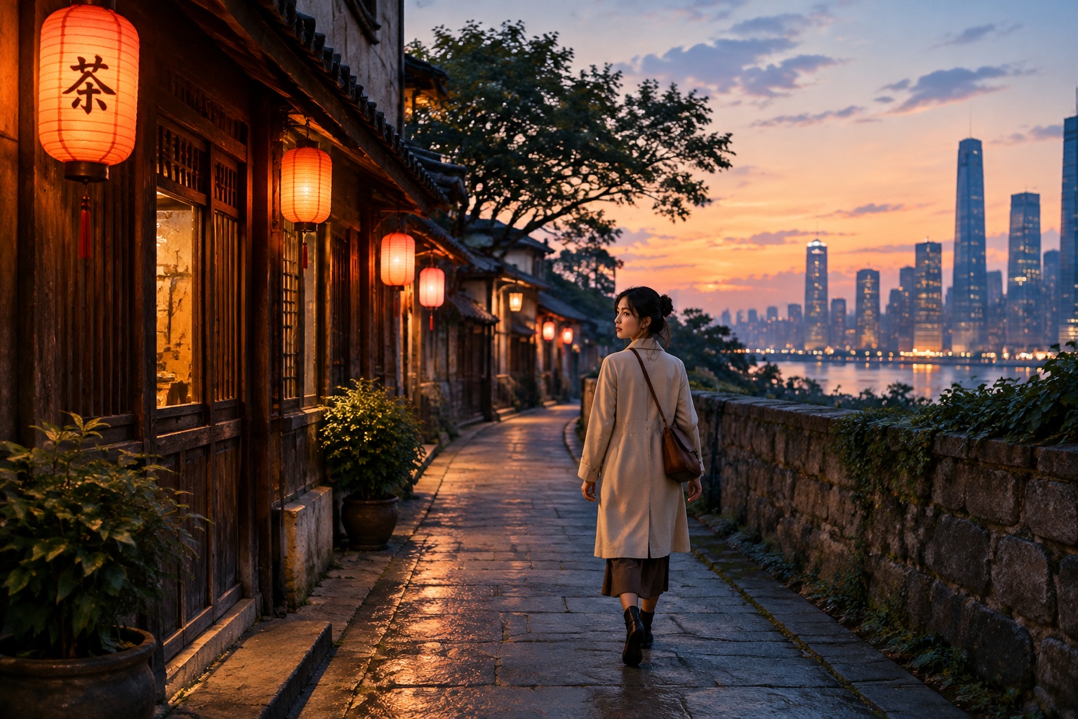 A solitary figure walking down a dimly lit Chinese alley at dusk with modern city lights in the background.