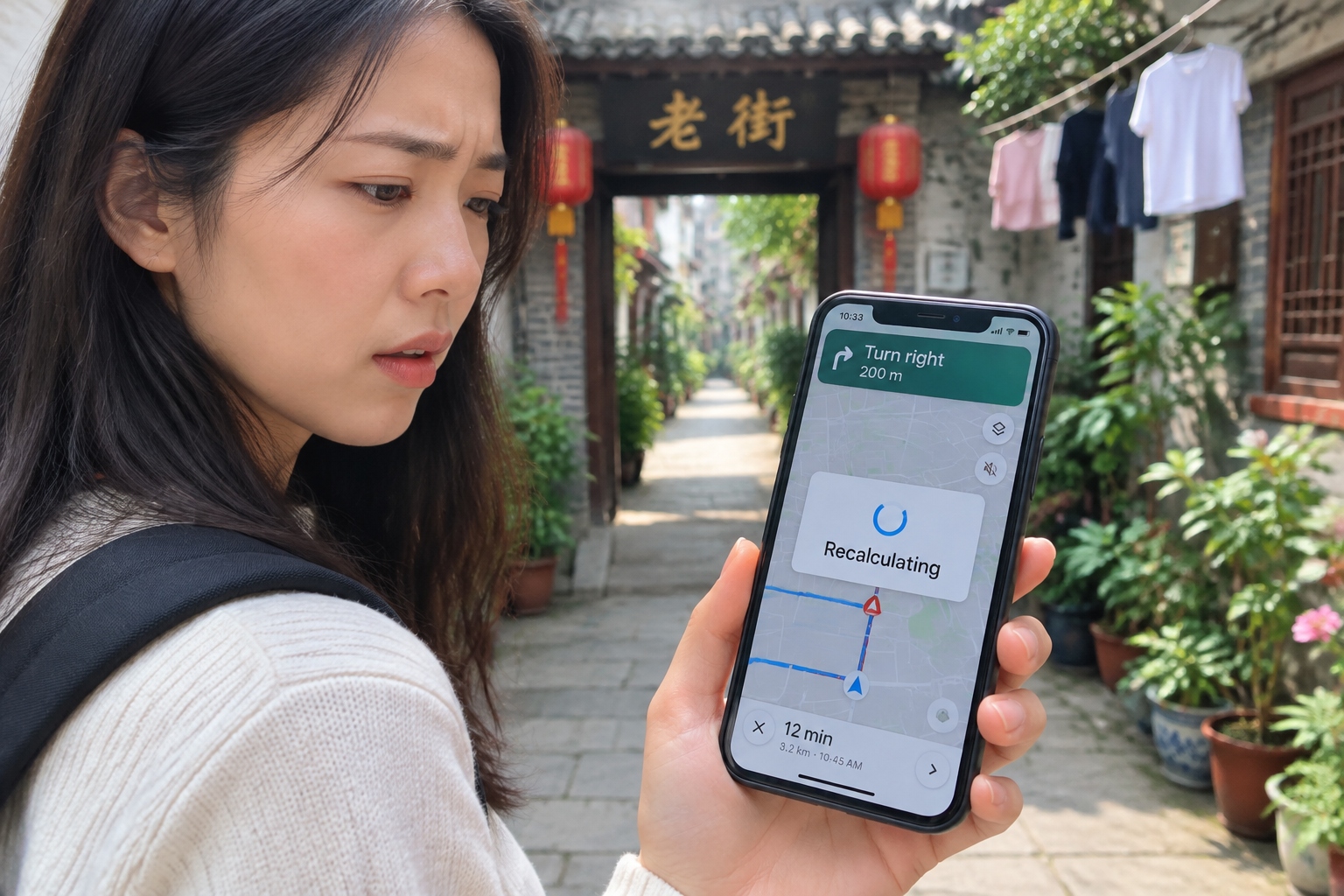 A person looking at a smartphone GPS that is recalculating while standing near the entrance of a traditional Chinese residential alley.