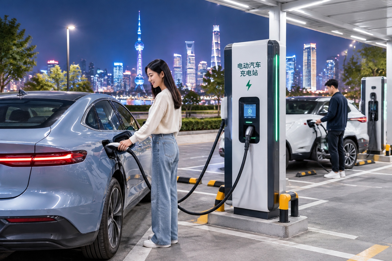 Electric vehicles charging at a modern public station in an urban area of China