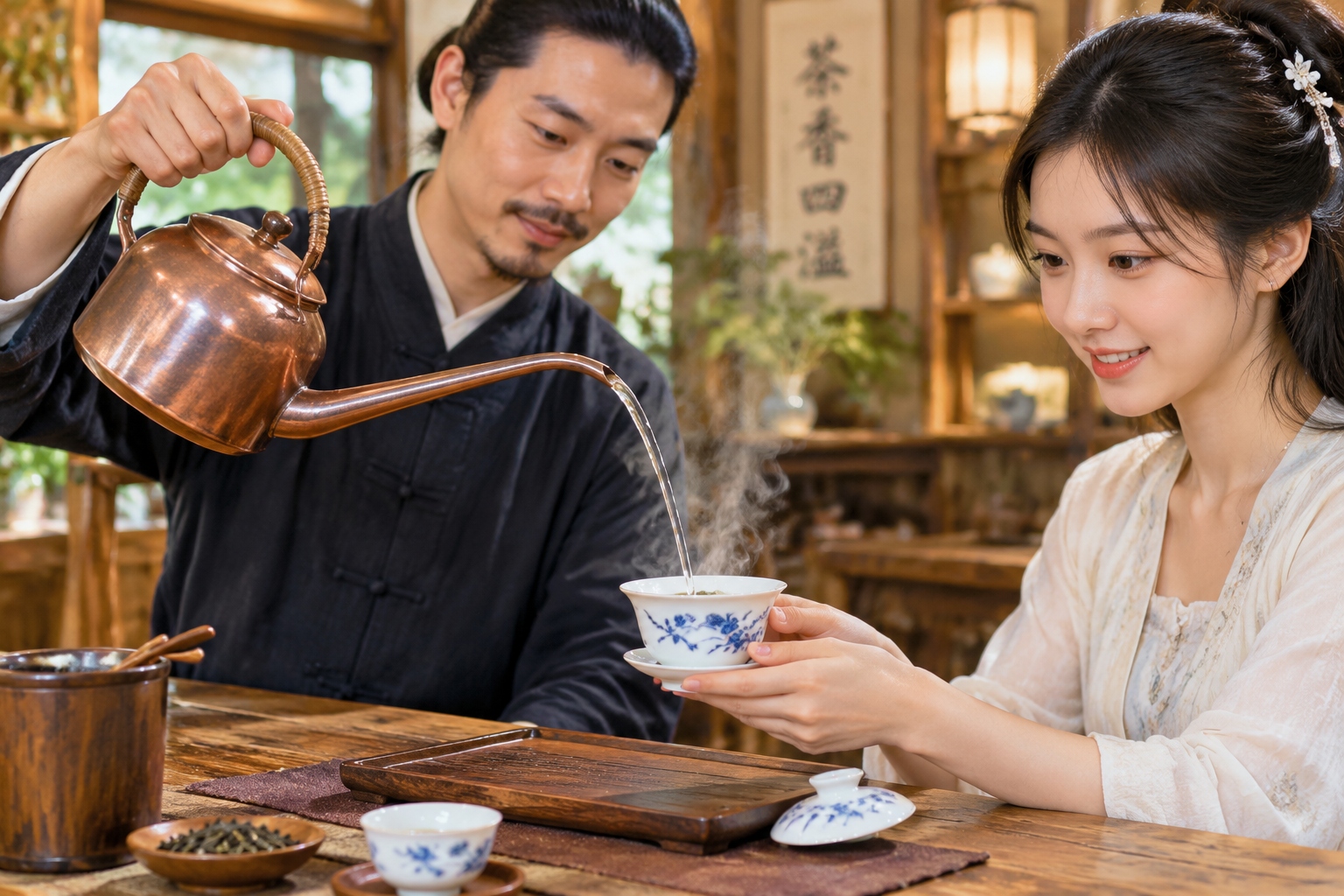 Sichuan Teahouses: Bamboo Chairs, Gaiwan, and Gossip 24 Tea master pouring hot water from a long-spouted copper kettle into a Gaiwan bowl at a traditional Sichuan teahouse, steam rising