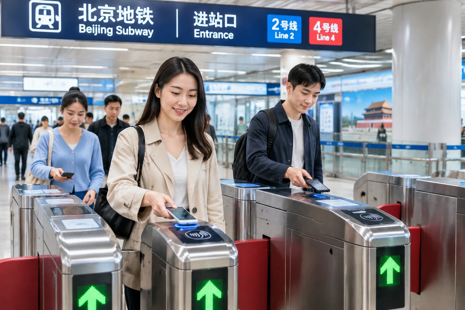 Commuters using smartphone QR codes to enter a subway station gate in China