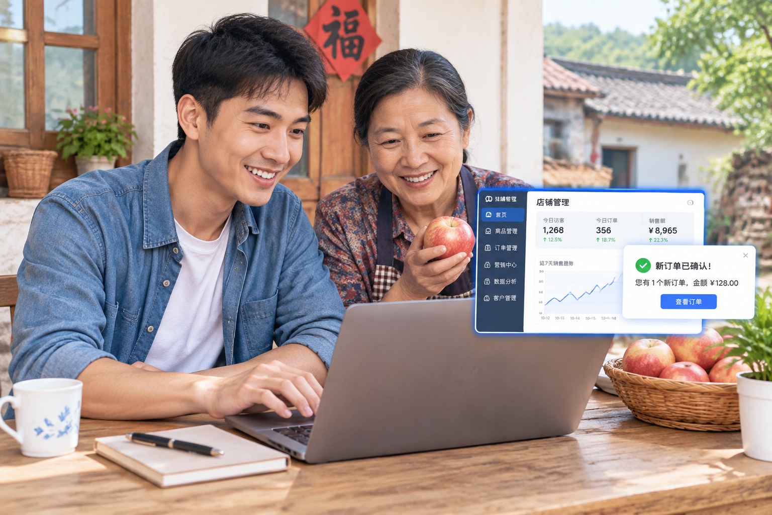 A young man and his mother collaborating on managing an online agricultural business in rural Henan.