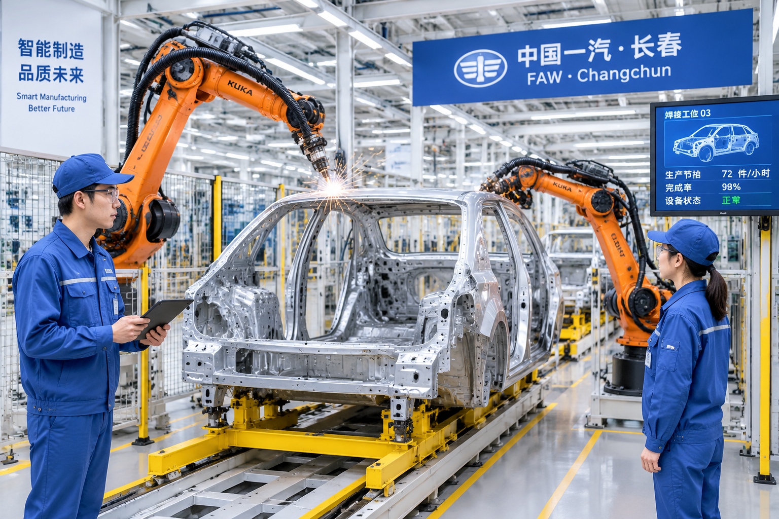 Robotic arms assembling electric vehicles at the First Automobile Works factory in Changchun, Jilin