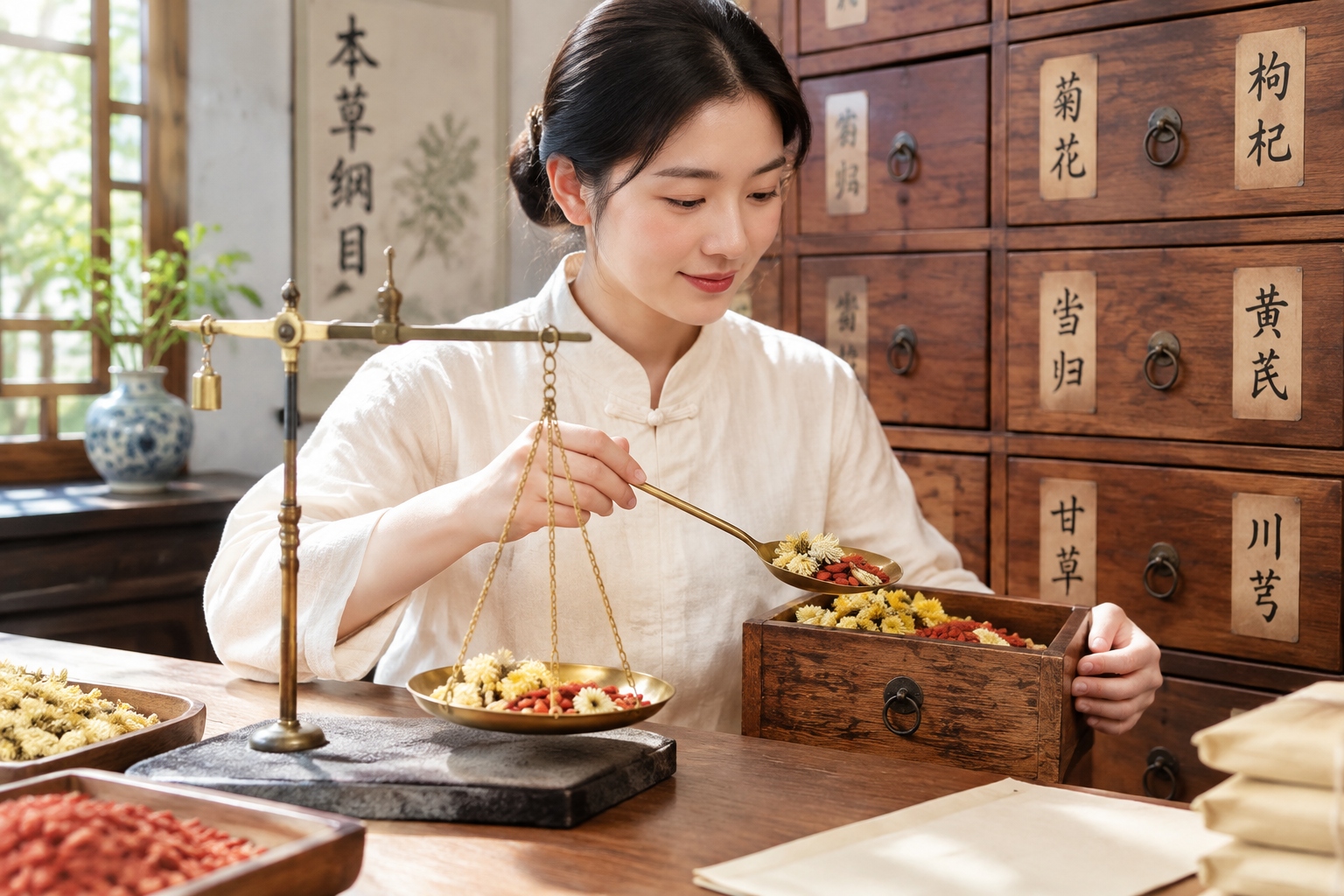 Close-up of a traditional brass scale being used to weigh Chinese herbal medicine in a pharmacy