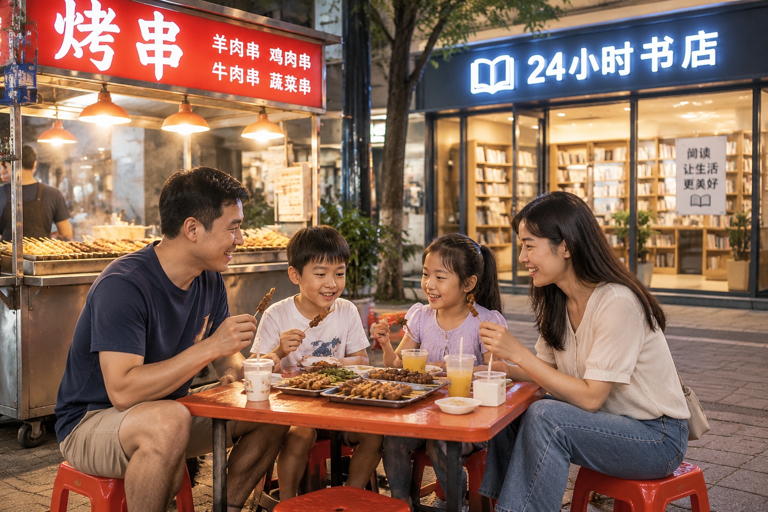 A family eats at a well-lit street food stall late at night in a Chinese city, illustrating the accessible and unhurried side of urban night life.