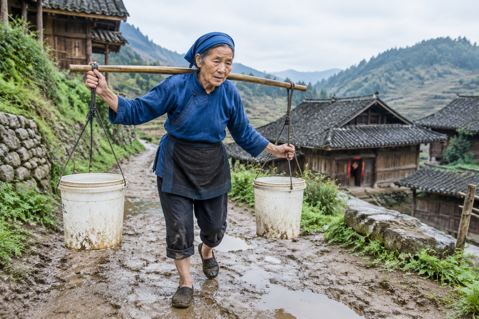 Elderly rural Chinese woman carrying water buckets on a bamboo pole on a muddy path in Yunnan province, 2015, before the village water system was installed.