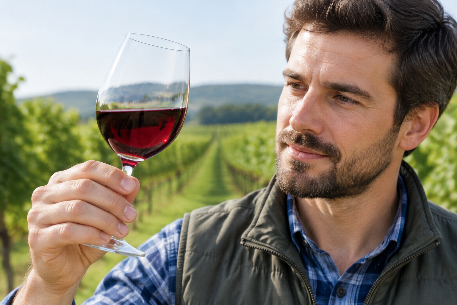 A close-up view of a winemaker holding a glass of red wine from Ningxia, China, with vineyard rows in the background.