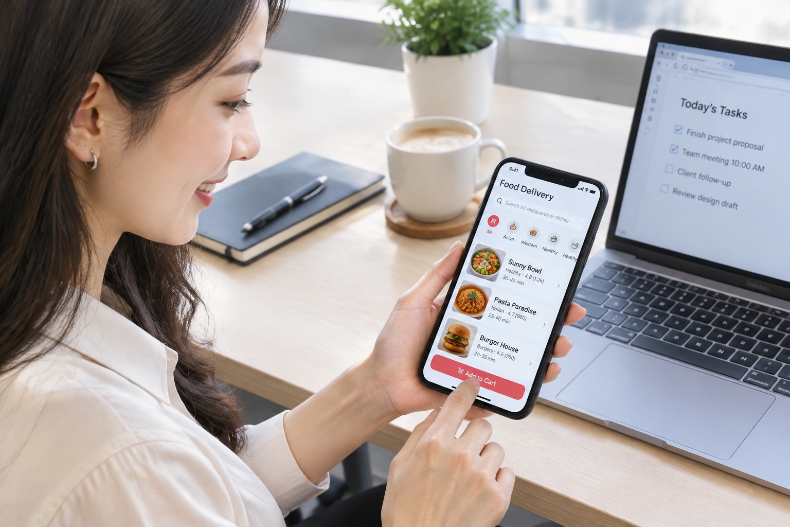 Professional worker using a mobile app for lunch delivery in a Chinese tech office