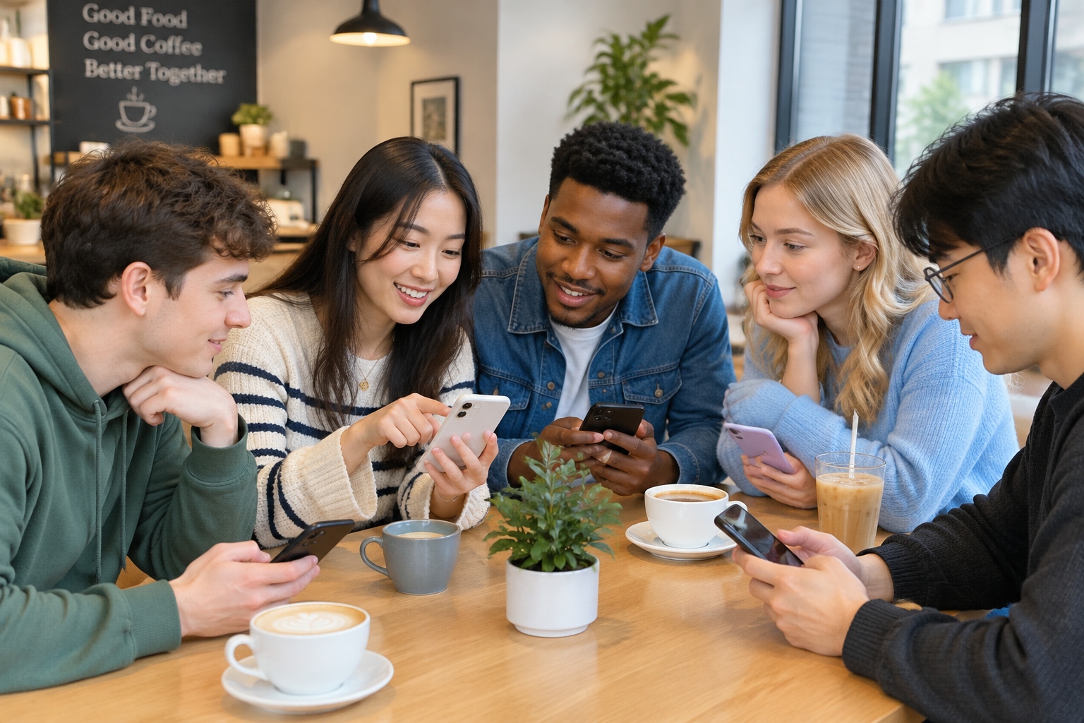 People using WeChat in a modern Chinese cafe setting for communication and group coordination