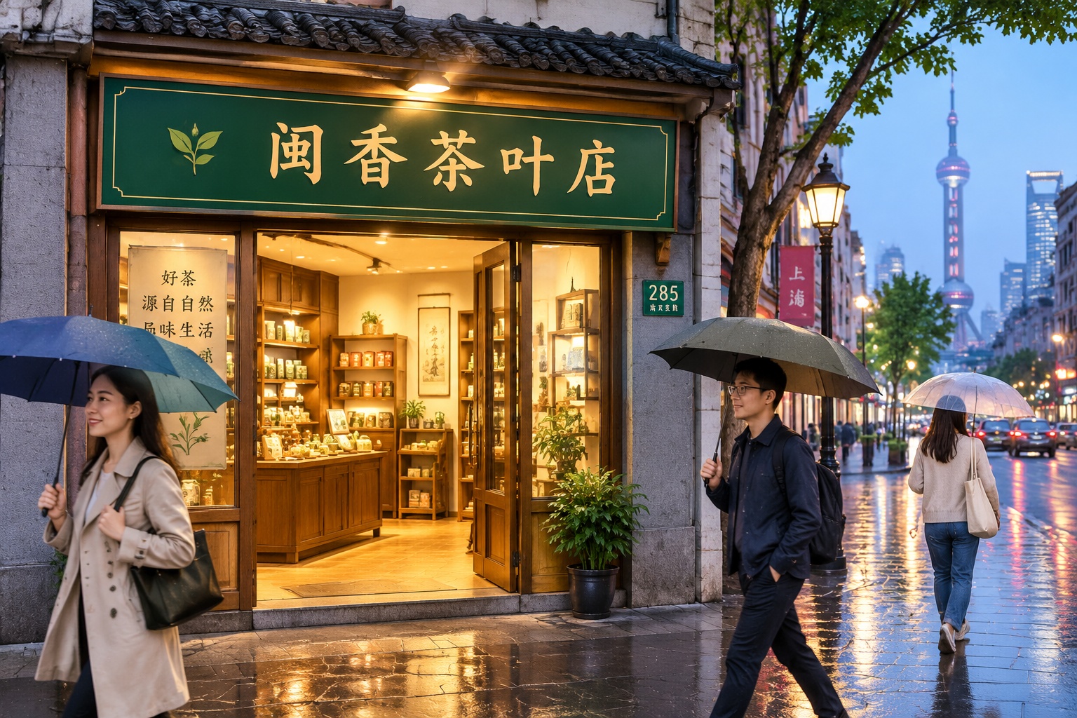 The quiet entrance of a traditional tea house on a rainy evening in a modern Chinese city.