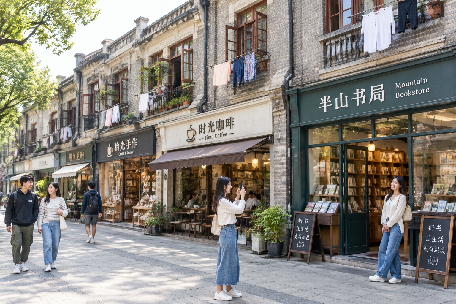A renovated historic street in Wuhan mixes boutique shops and art galleries with residents' daily life, attracting young visitors.