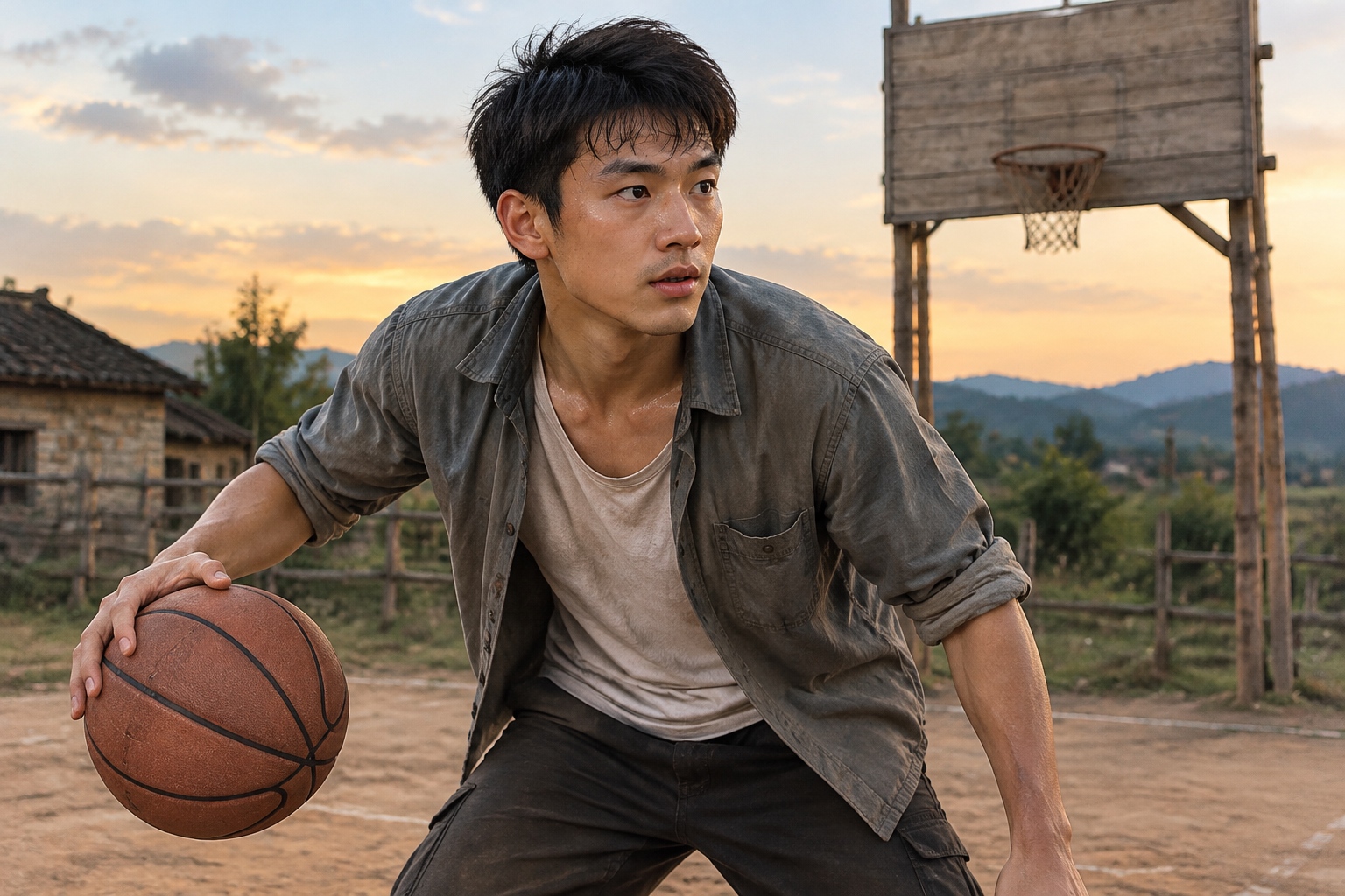 A local farmer player dribbling a basketball during a Village BA game under evening floodlights