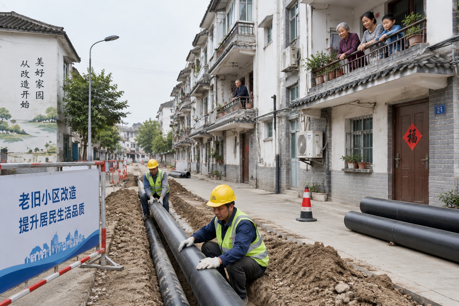 City workers upgrading underground water and electrical infrastructure during micro-renewal project in historic Chinese neighborhood