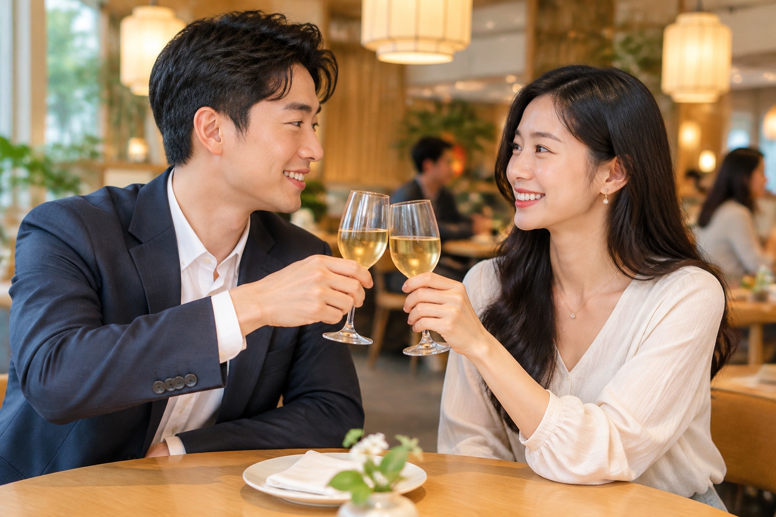 Young Chinese colleagues toasting at a dinner table discussing work and friendship