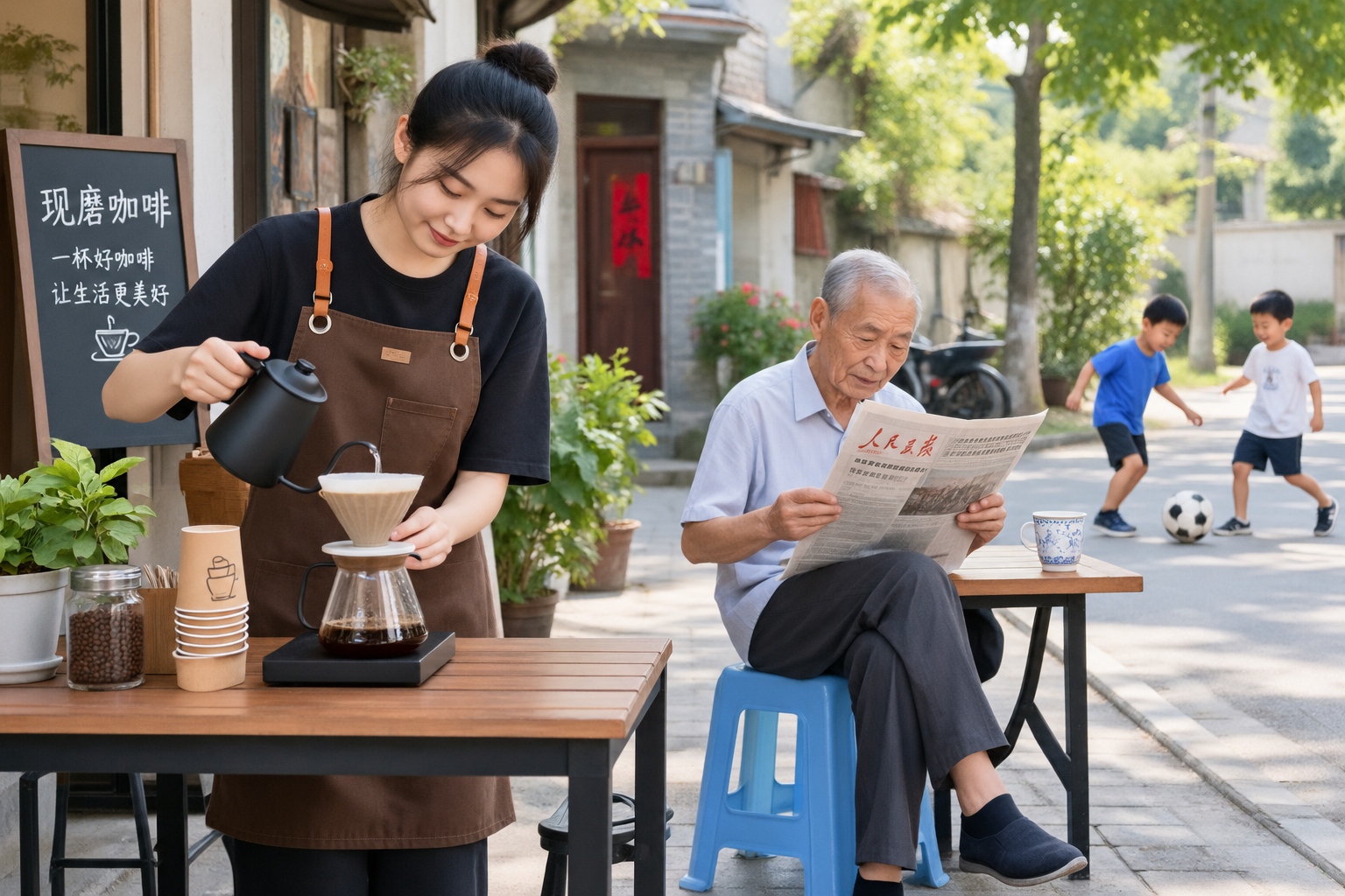 Daily life in a Chinese neighborhood showing a young barista and elderly residents sharing a public space.