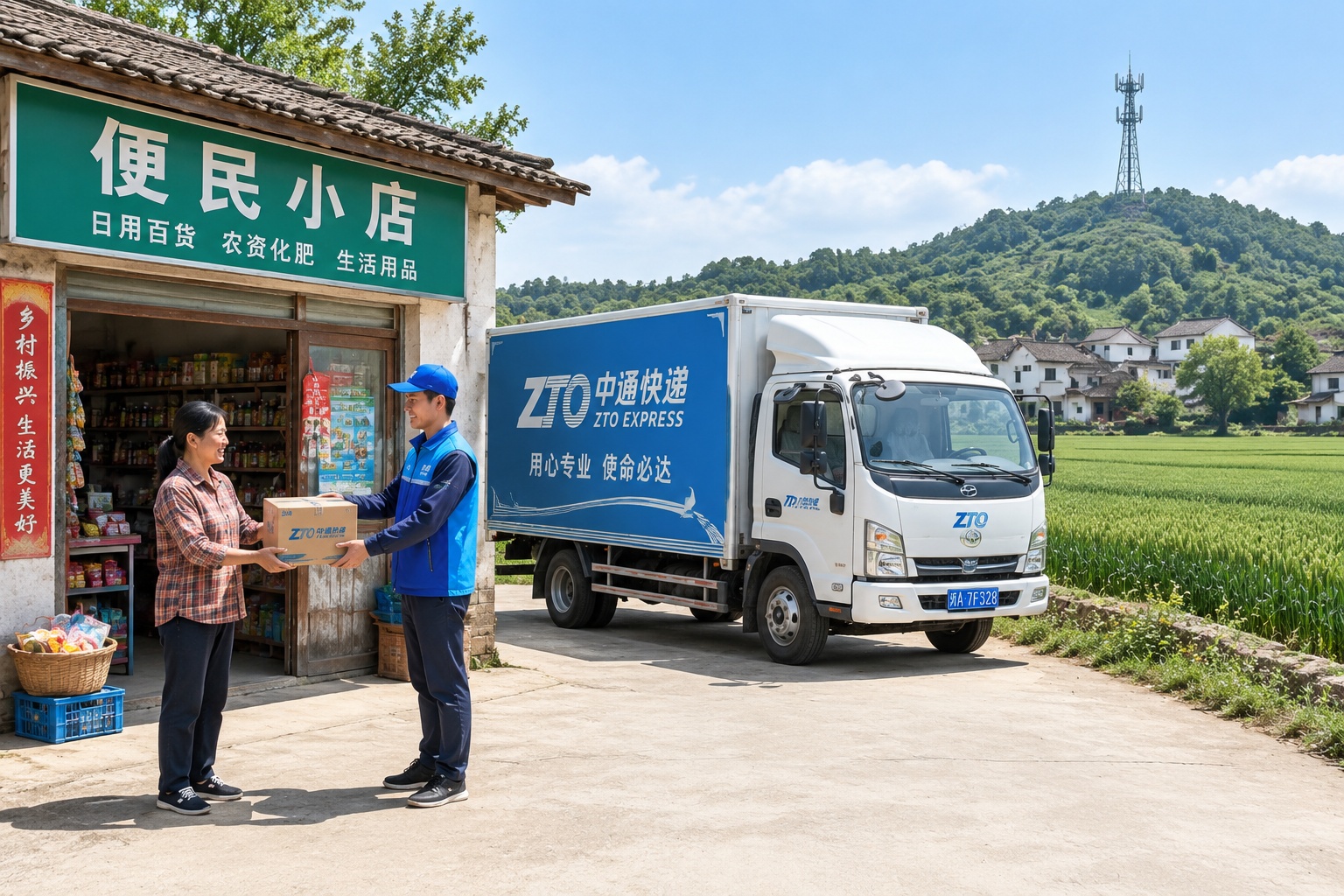 A logistics delivery truck in a rural Chinese village, symbolizing the connection between remote farms and urban markets.