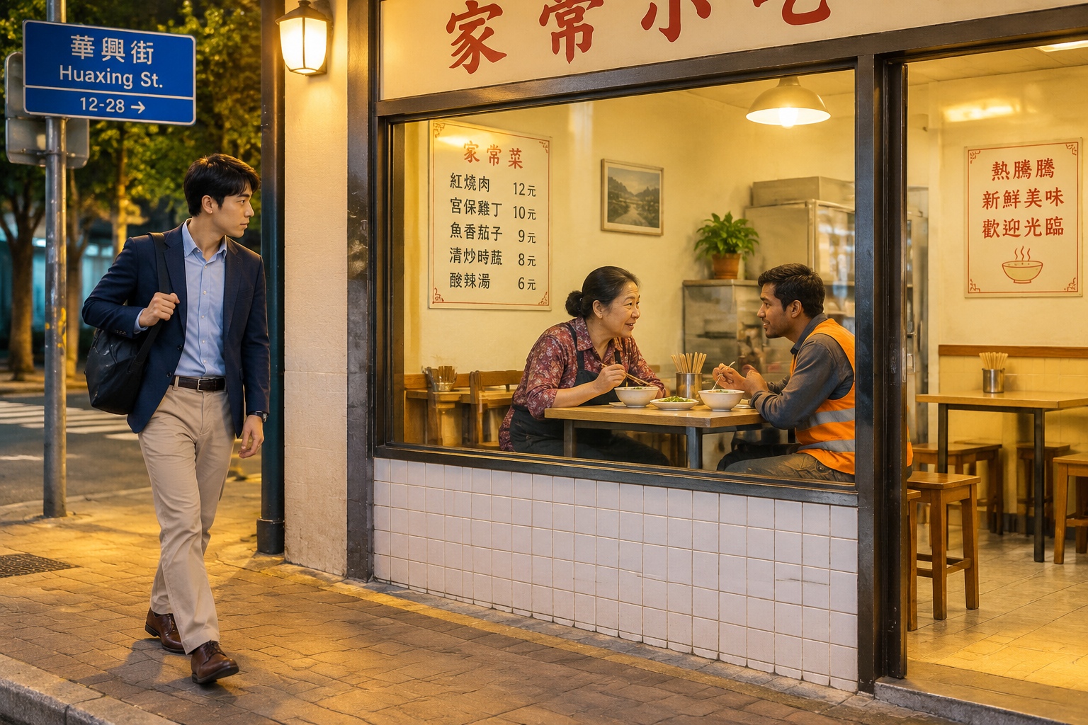 An urban alleyway in China at night, with a small restaurant acting as a social hub for locals and migrants.