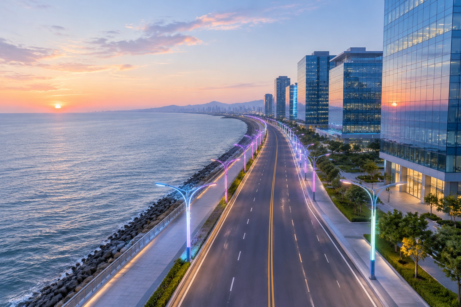 Dusk view of the futuristic Binhai Coastal Highway with glass skyscrapers and the Bohai Sea