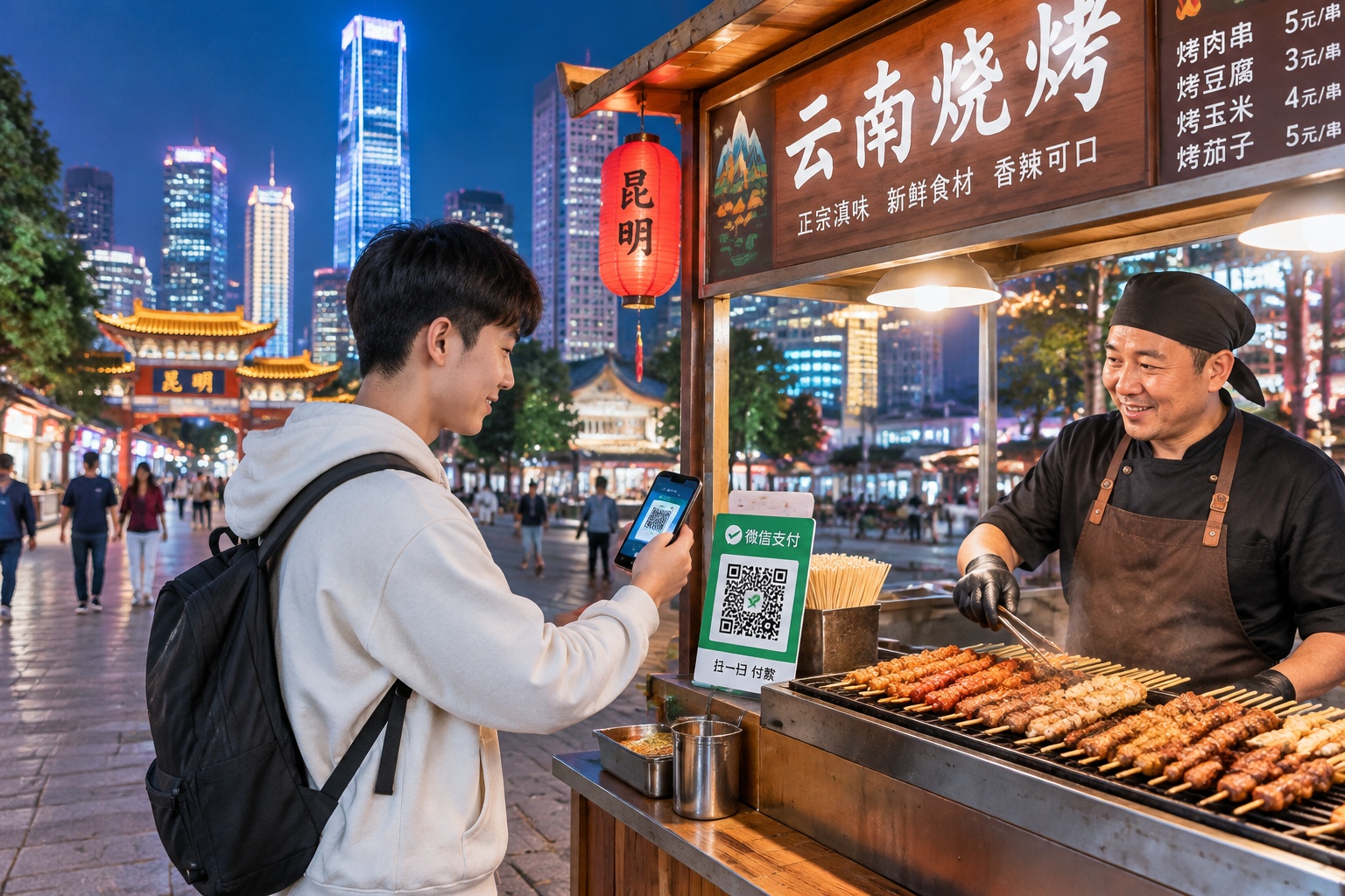 A young person paying for street food using a mobile app in a busy Kunming night market