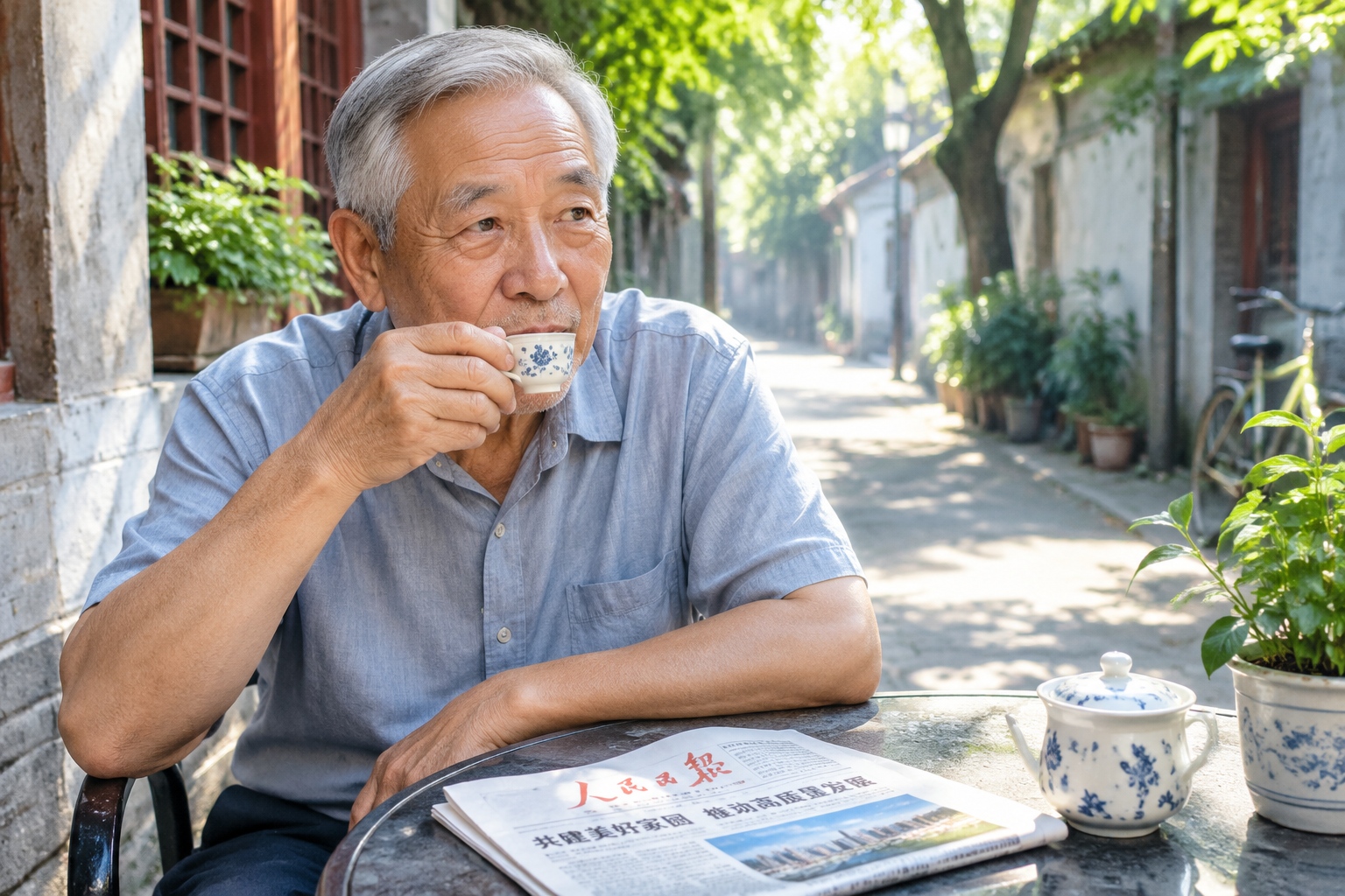 An elderly local resident drinking tea and reading a newspaper in a traditional Guangzhou alleyway during morning yum cha time.