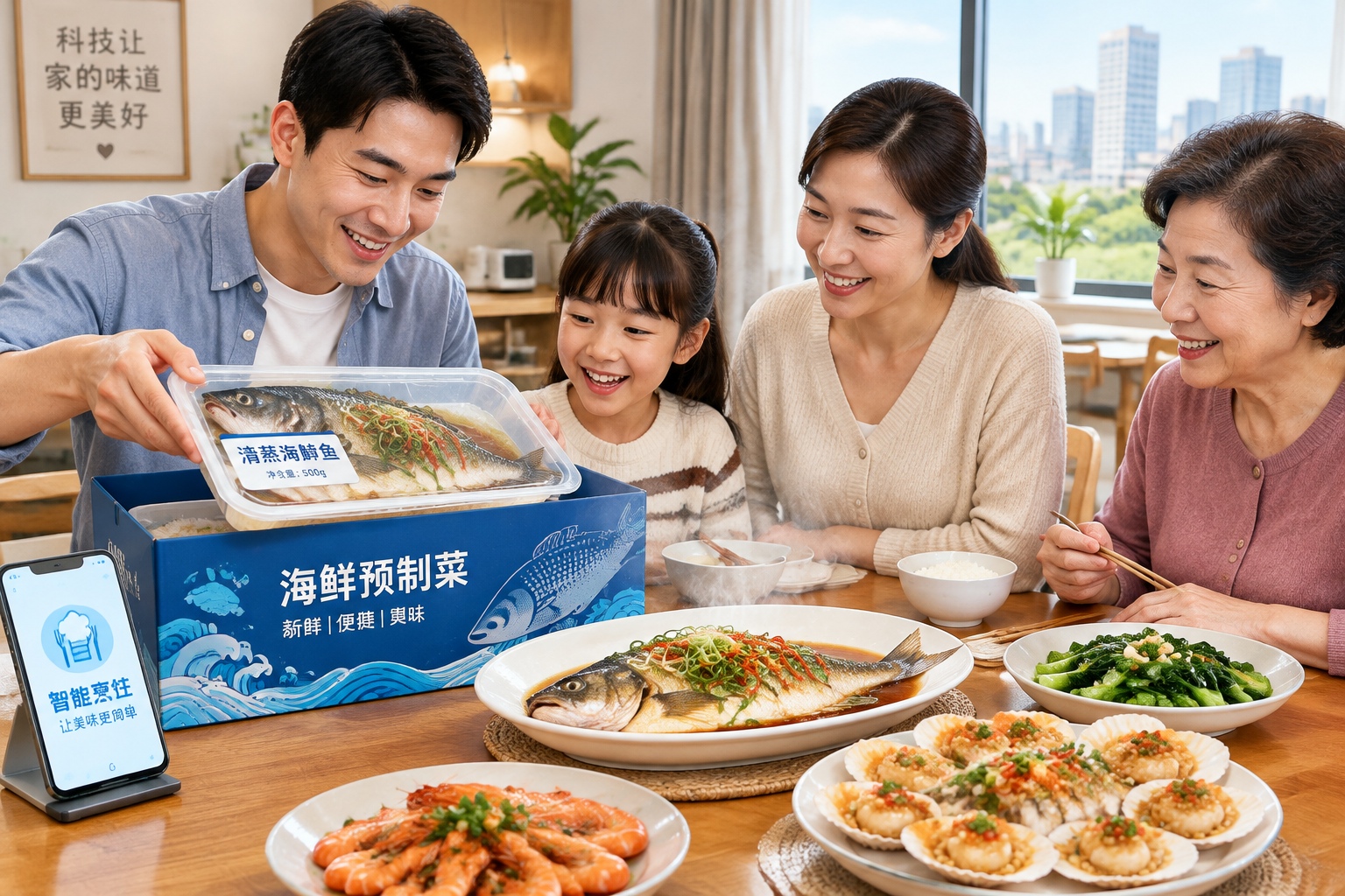 An inland Chinese family enjoying a fresh seafood meal delivered via cold chain logistics in their home