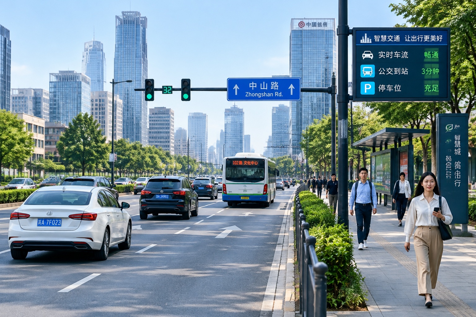 Busy morning commute in a modern Chinese city with smart traffic infrastructure and commuters using smartphones