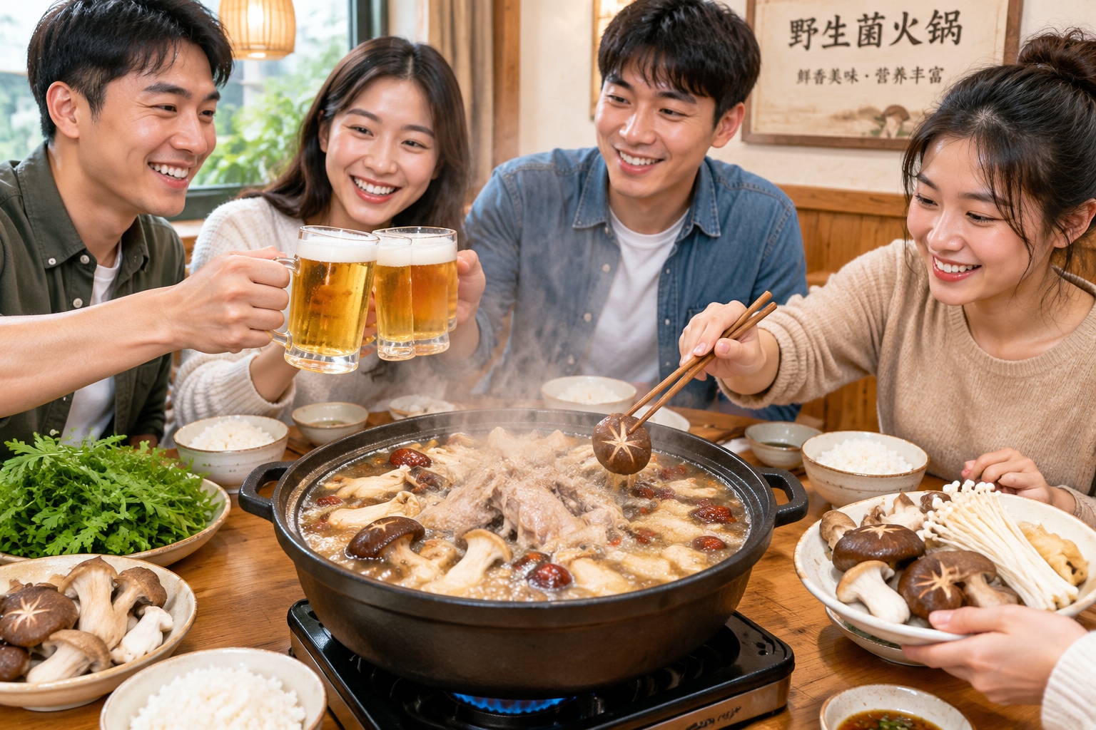 A steaming pot of authentic Yunnan wild mushroom hotpot served with family and friends