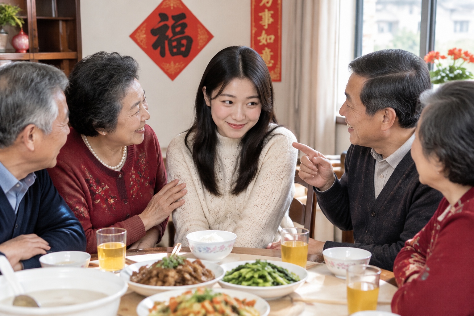 Young woman at a Spring Festival family meal with relatives asking questions about marriage