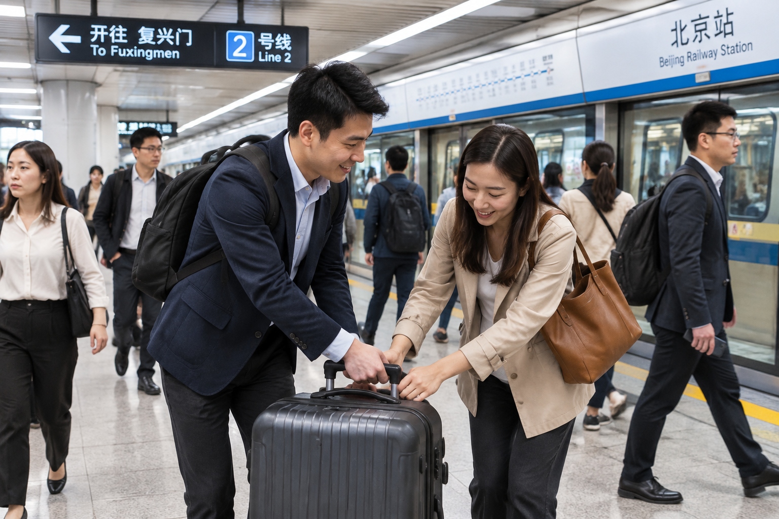 Commuters on a crowded Beijing subway platform helping strangers carry bags