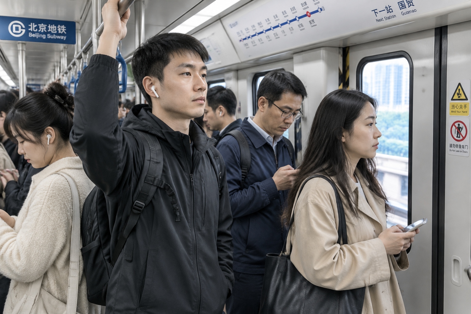 Crowded Chinese subway carriage with silent commuters wearing headphones and looking at phones during morning rush hour