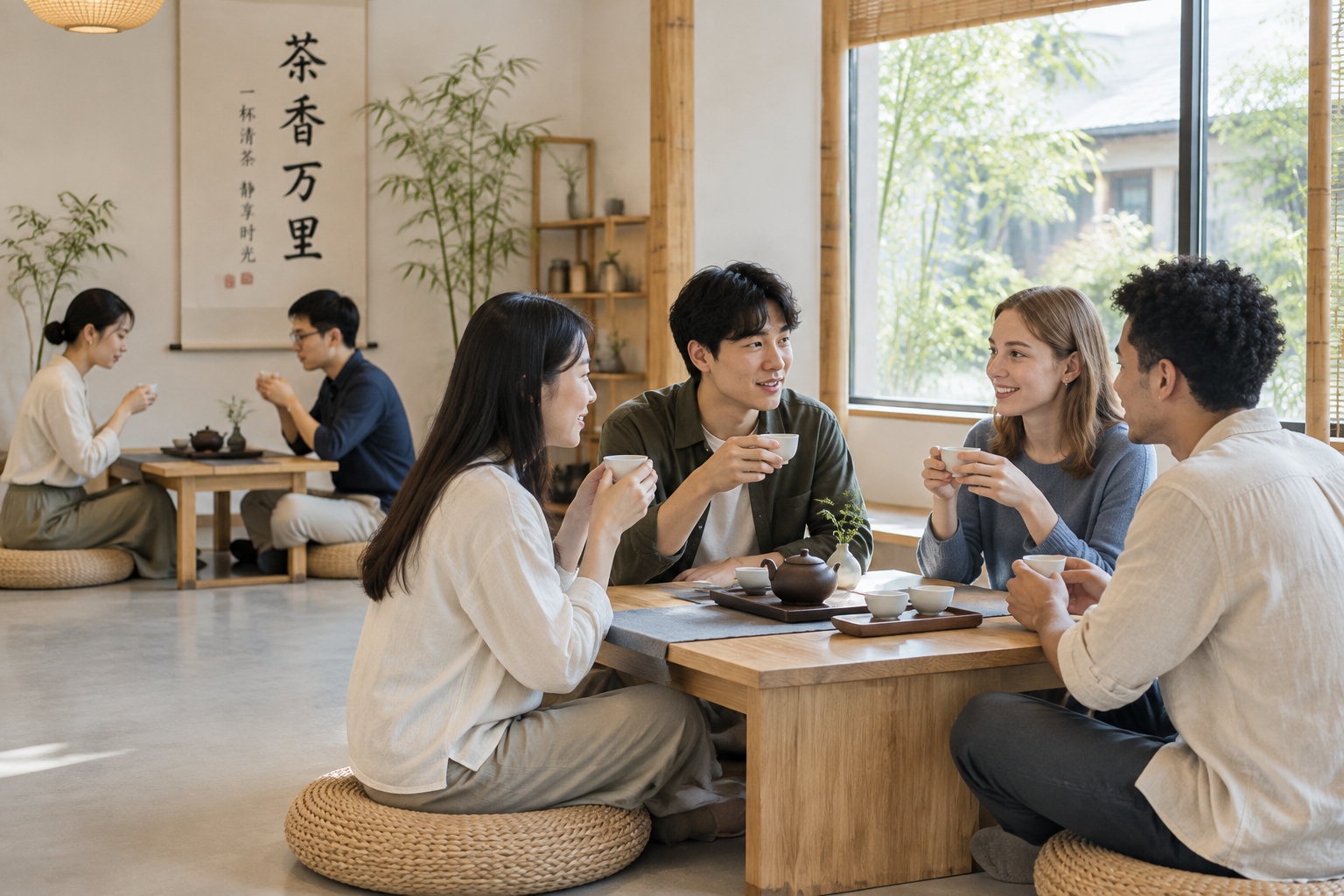 Young professionals relaxing in a quiet tea house in Shanghai, enjoying traditional tea after work.
