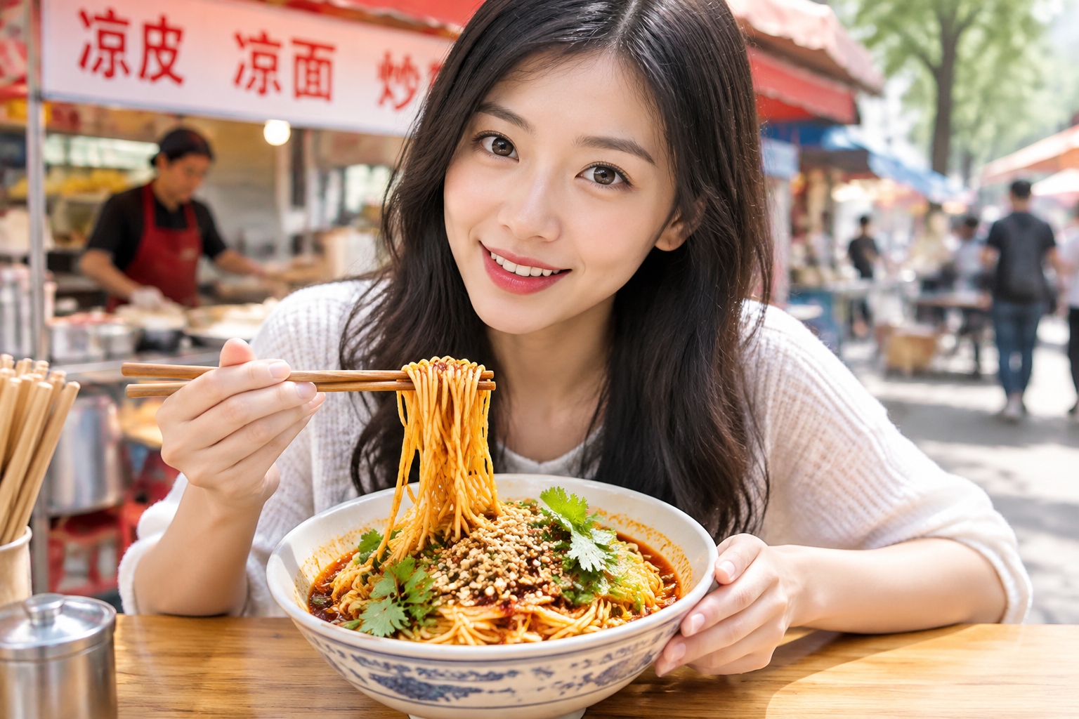 Bowl of spicy cold noodles with cilantro and peanuts on a street stall