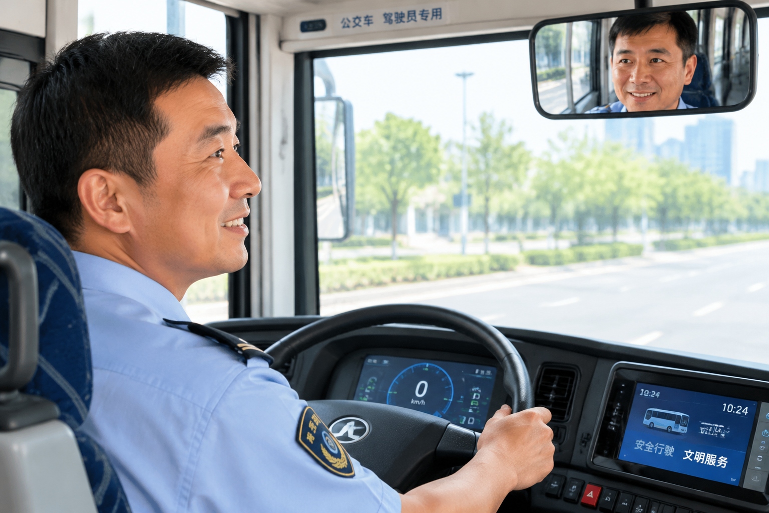 Driver inside an electric bus in China