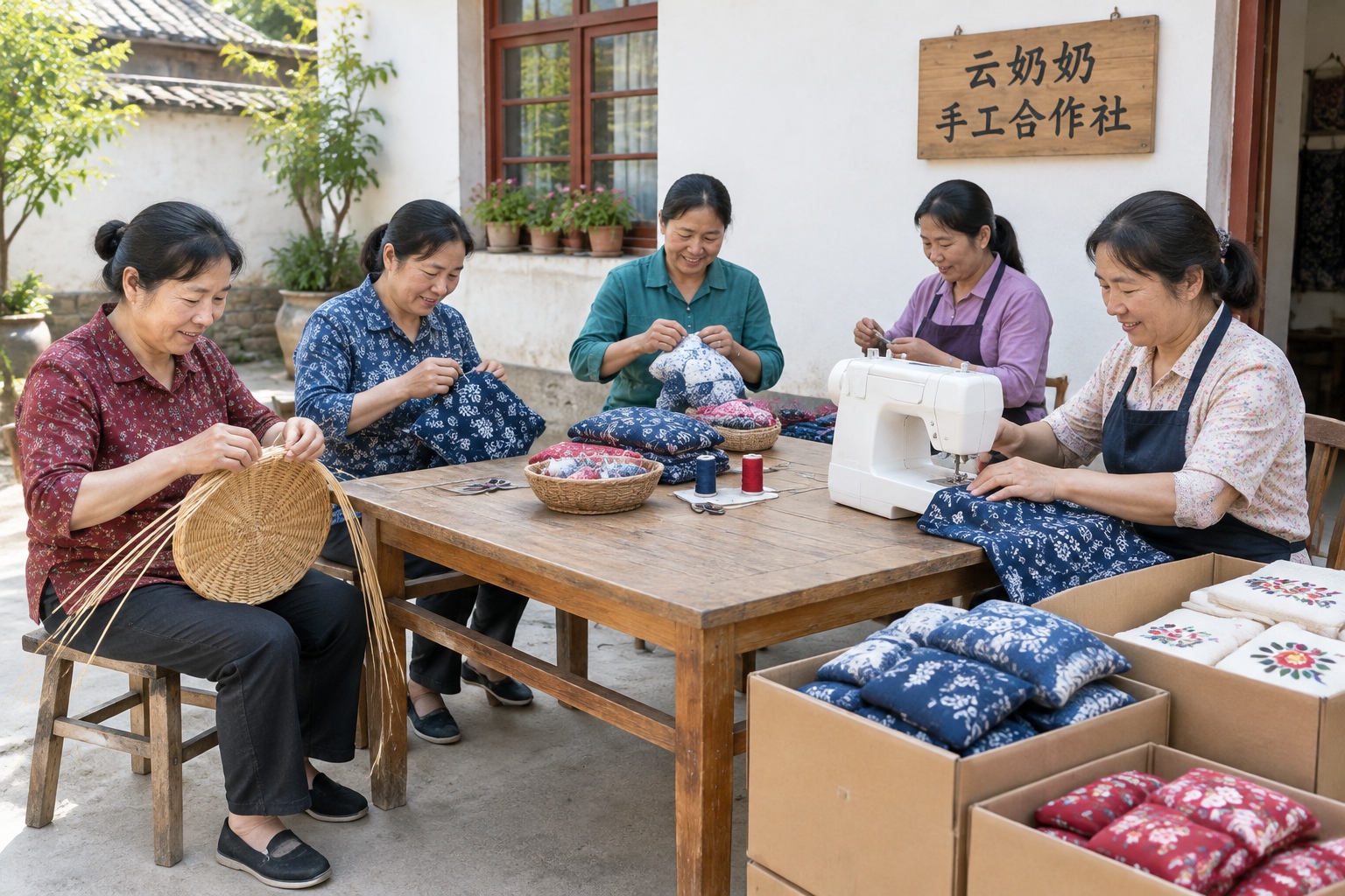 Village women in Li Xiulan's handcraft cooperative weave and sew in a sunny courtyard, with finished products in boxes and a wooden sign reading 'Grandma Yun Handcraft Cooperative'.