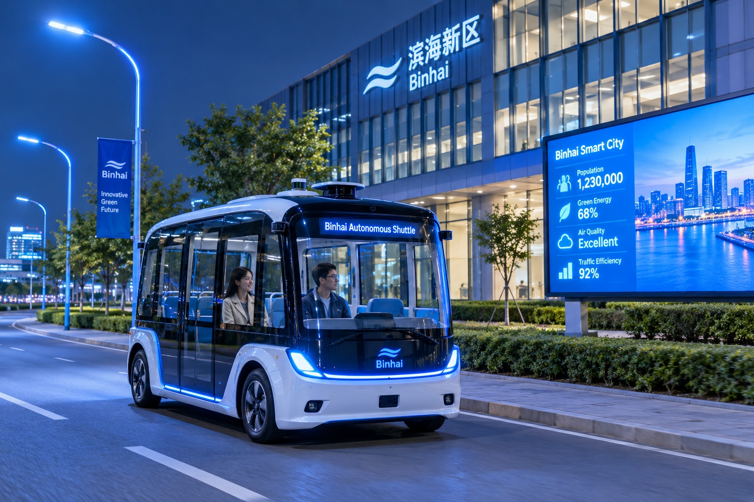 Autonomous shuttle bus testing route at night in the Binhai New Area smart city zone
