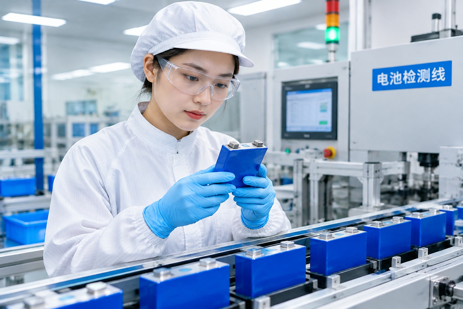 Factory worker operating advanced robotics to manufacture electric vehicle batteries in a modern Chinese facility